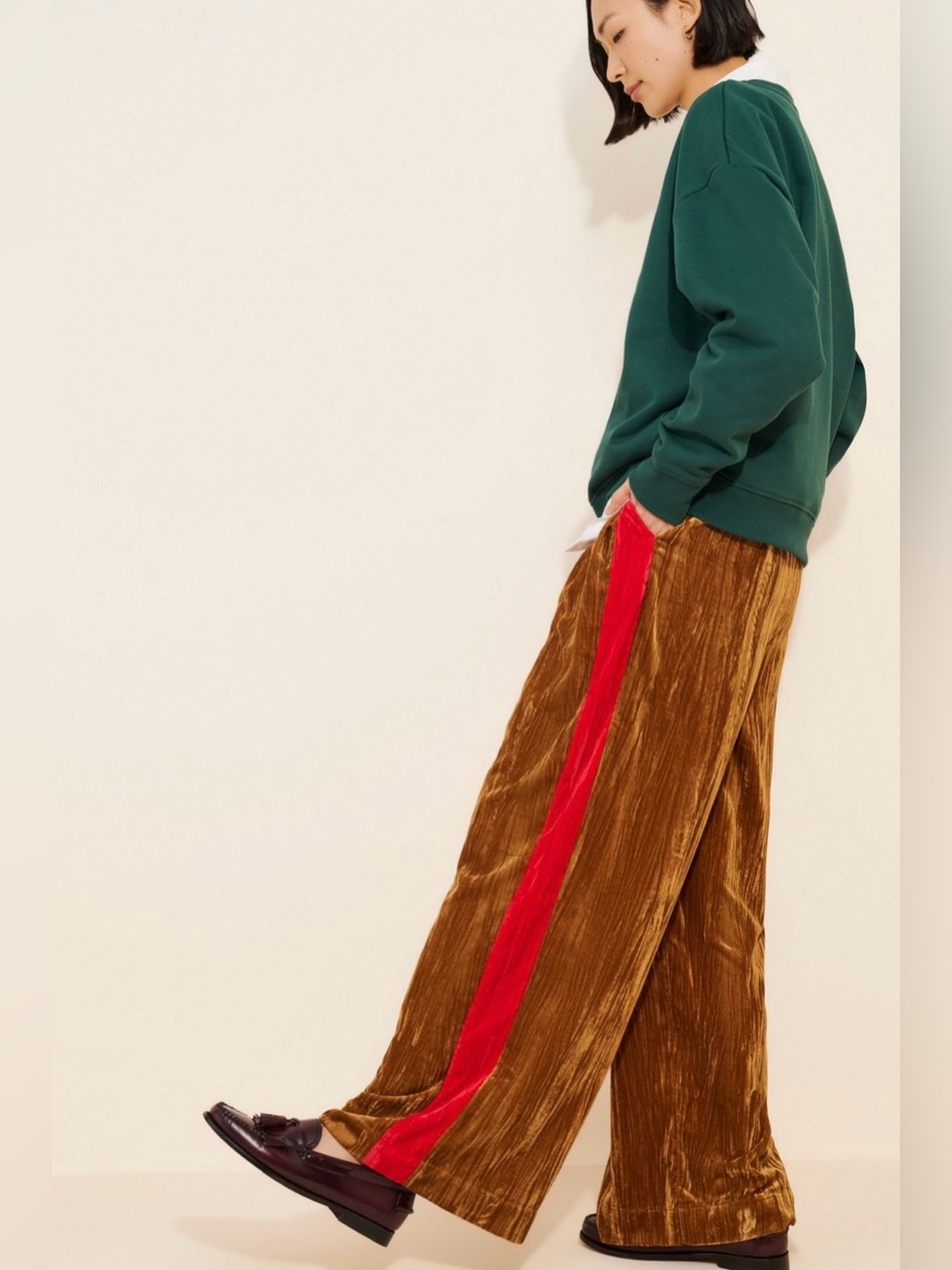 FARM Rio Brown Velvet Wide-Leg Trousers with Red Side Stripe Size Small